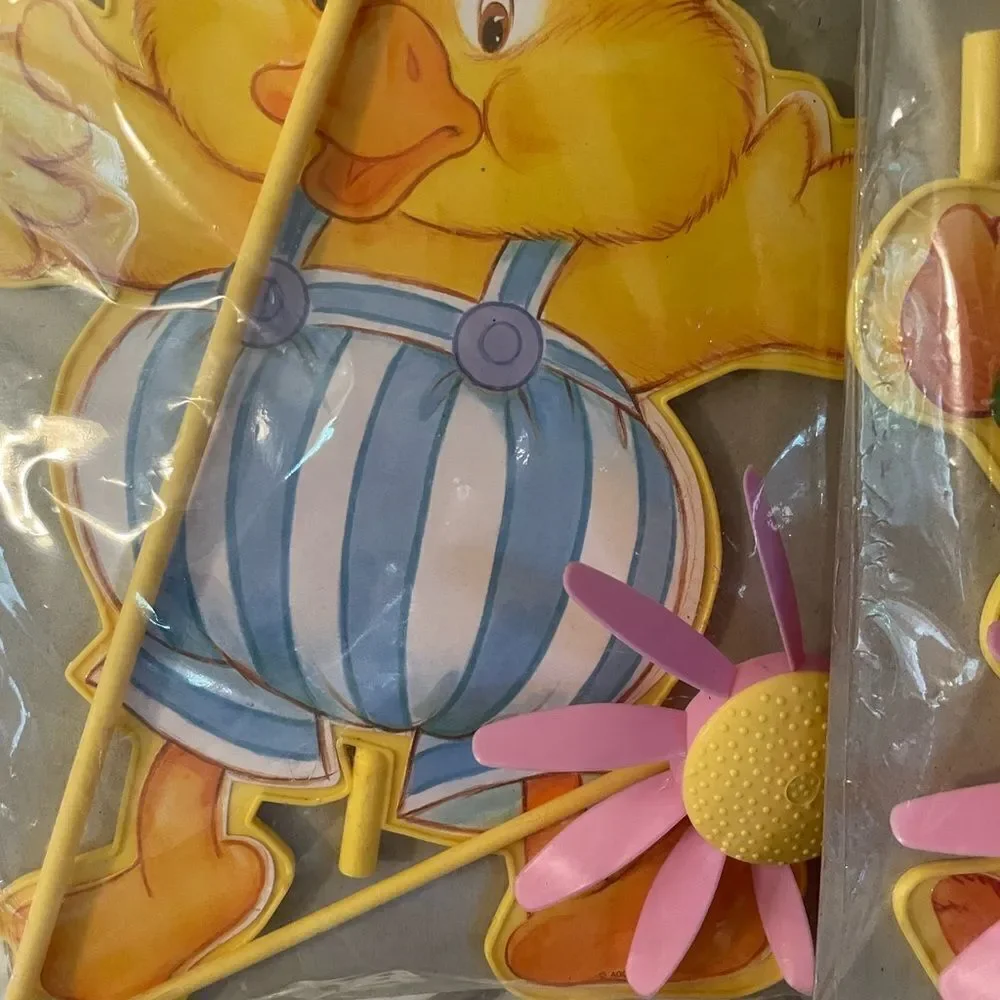 Feathers and Bloomer Bunny Forget Me Not Pinwheel Vintage Easter Yard Art Set/2!